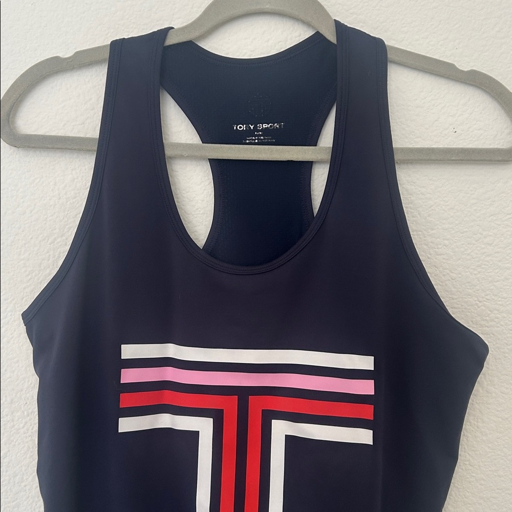 Tory Burch Navy Blue Racerback Tank with Red, Pink & White Logo Stripes - Picture 2 of 5